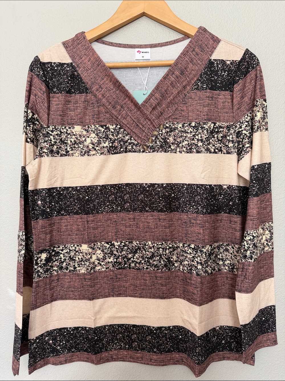 Striped V-Neck Long Sleeve Tee in Mauve & Cream by Wiholl Stretchy Lightweight M